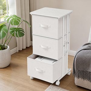 Comò mobile in tessuto a 3 cassetti con ruote, comodino contenitore bianco - Product Image 1