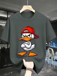 เสื้อยืดคอกลมแขนสั้นทรงโอเวอร์ไซส์สีพื้นสำหรับผู้ชาย ผ้าฝ้าย 100% ทรงลำลอง ผ้าเจอร์ซีย์ถัก ทรงปกติ ความยาวปกติ พิมพ์ลายพัฟฟ์ลำลอง - Product Image 1