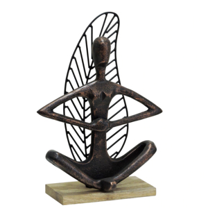 Modern Abstract Yoga Sculpture - Black & Gold Aluminium Meditating Figurine with <b>Leaf</b> Backdrop on Wood Base for Zen Home Decor - Product Image 1