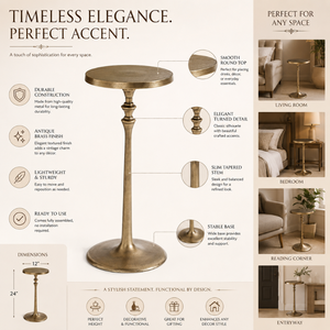 Antique Gold Round Accent <b>Table</b> with <b>Slim</b> Pedestal Stand | Elegant Metal Occasional <b>Table</b> for Living Room, Bedroom, Sofa, Lounge - Product Image 4