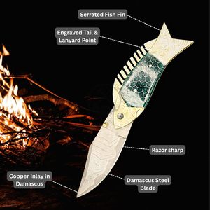 New Brand <b>Copper</b> Damascus Fish Hand Forged Thumb <b>Knob</b> Folding Knife W/Steel Engraved Green Honey Comb Handle EDC Hunting Knives - Product Image 4