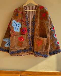 Veste en velours bohème avec broderie florale à la main, col en V, coupe ample, manches longues, veste d'automne pour femmes, coton indien - Product Image 3