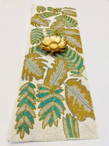 Embroidered <b>Table</b> <b>Runner</b> with Plant Pattern in Blue Green and Gold Bohemian Style for Home Decor Washable - Product Image 3