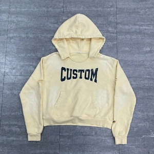 Custom 100% Cotton French Terry Solid Winter Raw Collar Cropped Hoodie with DTG Print Distressed Hood Sun Faded Acid Wash - Product Image 4