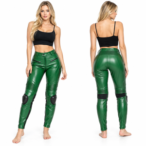 Pantalon de moto en cuir avec protections pour les genoux, pantalon de course en cuir PU pour femmes avec poches zippées - Product Image 2
