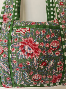 Sac de voyage matelassé en coton à imprimé floral vert, fermeture éclair, doubles poignées |   Sac de week-end unisexe léger 20-35L - Product Image 5