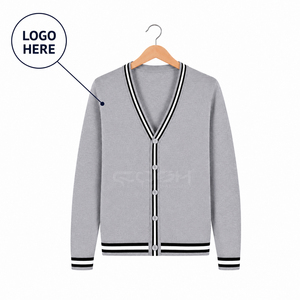 Nouveau cardigan universitaire Cosh International personnalisé avec logo, gris et noir contrastant, en maille épaisse courte, pour sororité - Product Image 1