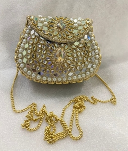Gold Fashion Chains Mosaic Embellished <b>Clutch</b> Bag Pearl Mirror Work Bridal Evening Handbag Designer <b>Wedding</b> Party Purse - Product Image 3
