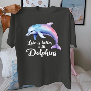 Camiseta informal para mujer 100% algodón puro ajuste cómodo con estampado de delfín estilo 'Life Is Better with Dolphins' - Product Image 4