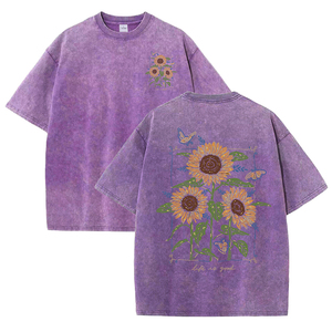For Oversized <b>Sunflower</b> Printed 100% Cotton Hip Hop Washed <b>Men's</b> V-neck Half Sleeve Solid Regular Fit Breathable Quick Dry - Product Image 1