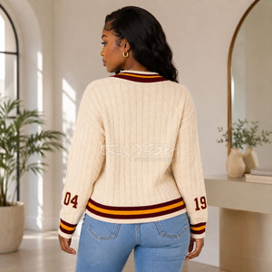 Cosh International Sorority Sisterhood V-Neck Knit <b>Cardigan</b> in <b>Beige</b> Solid Color Button-up Crop Sweater Waist-length Knitwear - Product Image 4