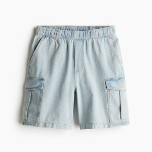 <b>mens</b> light wash denim cargo shorts elastic waist bleached blue streetwear style utility side flap pockets comfortable casual - Product Image 5