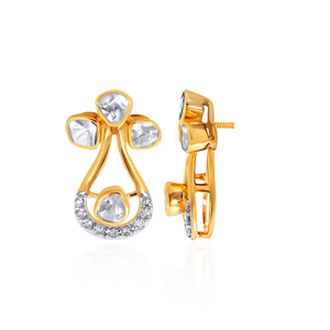 Boucles d'oreilles pendantes florales en or jaune 18 carats avec diamants Polki taillés rondes, inspirées de la nature, bijoux fins - Product Image 3