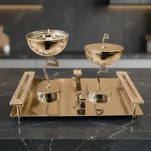 Ensemble de brûleurs d'encens en métal argenté sur un plateau, avec supports à ruban à calligraphie arabe et poignées texturées scintillantes pour les arômes domestiques - Product Image 4