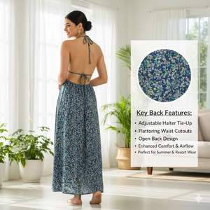 Vestido Largo de Seda Habotai Hecho a Mano de Lujo, Alta Calidad, Cuello Halter, Tirantes Finos, Abertura Lateral, Espalda Descubierta, Estampado Étnico para Mujer - Product Image 6