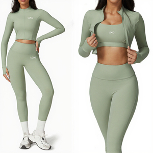 New 3 Piece Set Solid Front Logo Long Sleeves Custom <b>Workout</b> Wear Suit Women Sportswear Activewear <b>Jacket</b> High Waist Legging Set - Product Image 2