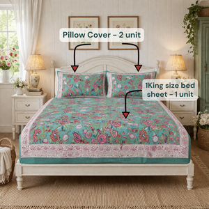 Jaipur 100% Cotton King Flat Bed Sheet 3 <b>PC</b> <b>Set</b> Hand Block Printed Breathable Soft Durable Machine Washable 200TC Floral Design - Product Image 6