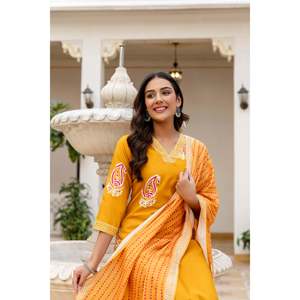 Ensemble Kurti et pantalon en rayonne imprimée pour femme avec dupatta en coton Chanderi - Product Image 4
