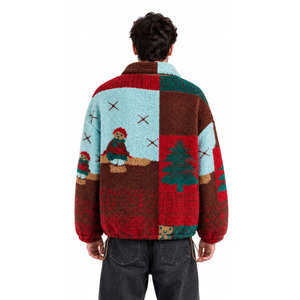 Street Wear <b>Fleece</b> <b>Jacket</b> Patchwork Christmas Tree Snowman Print Zipper Stand Collar Winter Warm Sherpa <b>Lined</b> Unisex Casual Coat - Product Image 3