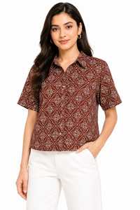 Tissu en coton marron rouille en gros avec motif géométrique étoilé crème et broderie Dori en treillis, travail de cordon 3D pour robes - Product Image 6