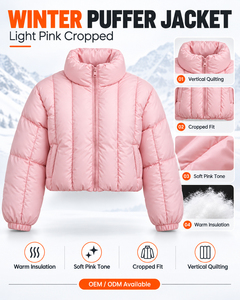 Women's Pink Cropped Puffer Jacket Winter Warm High Collar Quilted <b>Bubble</b> <b>Coat</b> Custom LogoShort Loose Fit Windproof Solid <b>Coat</b> - Product Image 6