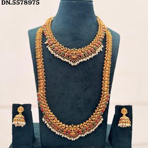 Traditional South Indian Temple Long Bridal Necklace <b>Set</b> Alloy Gold Plated Zircon Earrings Vintage Wedding Anniversary Party - Product Image 1