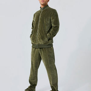 <b>Men</b> Olive Green Velvet Tracksuit Full Zip Jacket And Pants Outdoor Winter Autumn Wear Regular Fit Running Gym Jogging Tracksuits - Product Image 5