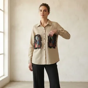 Chemise en coton beige brodée pour femmes, manches longues, décontractée, boutonnée, style bohème, tunique tendance - Product Image 3