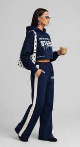 ONETEN APPARELS Women's Navy Blue <b>Cropped</b> Hoodie Wide Leg <b>Joggers</b> Set Full Sleeve Print Streetwear Tracksuit Loose Fit 2 1 100% - Product Image 2