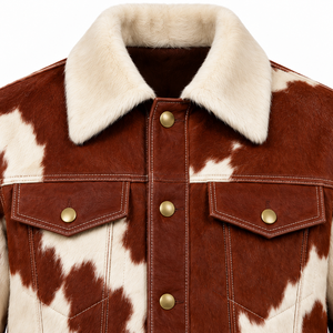 Custom Mens Rosewood <b>Cream</b> <b>Hair</b> On Cowhide Western Jacket <b>Straight</b> Yoke Cowboy Ranch Coat OEM Wholesale Manufacturer Premium B2B - Product Image 4