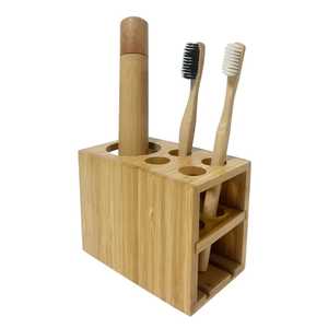 Eco Friendly Bamboo <b>Toothbrush</b> <b>Holder</b> With Multiple Circular Slots And Storage Compartment Sustainable Bathroom Organizer Modern - Product Image 3