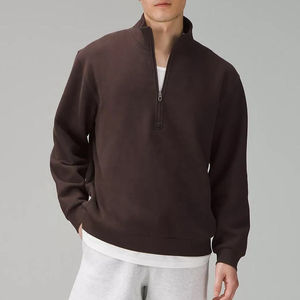Sweat-shirt à col montant surdimensionné en molleton 100% coton, couleur marron foncé, personnalisable OEM, avec fermeture éclair quart ou demi-zip, pour hommes - Product Image 3
