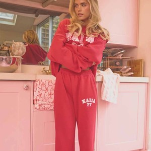 Women's <b>Red</b> Hooded Sweatshirt With <b>Bow</b> Print And Matching Joggers Loose Fit Casual Two Piece Set - Product Image 5