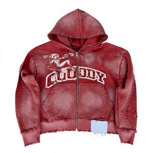 Sudadera con capucha y cremallera extragrande con logo personalizado, efecto desgastado, de alta calidad, 400 GSM, con lavado efecto descolorido por el sol y pedrería. - Product Image 3