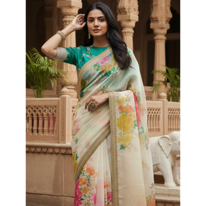 Women's Floral Printed Organza Festival Saree <b>Set</b> with Blouse Embroidery Summer - Product Image 4