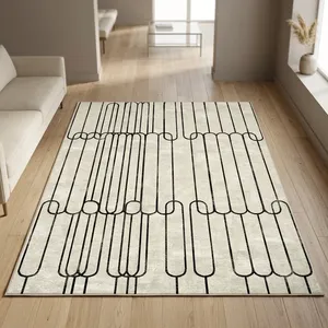 Tapis de salon moderne à poils ras en polyester, antidérapant, motif géométrique rectangulaire beige - Product Image 3