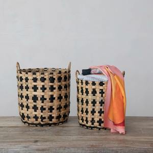 Woven Water Hyacinth <b>Baskets</b> <b>Handles</b> Natural & Black Set of 2 Handmade Storage <b>Basket</b> Wholesale eco-friendly Made in Vietnam - Product Image 3