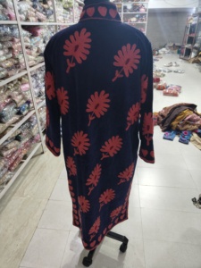 <b>Women</b> Velvet <b>Robe</b> Full Length Mandarin Collar Hand Embroidered Floral Pattern Zipper Closure Soft Cozy Winter Wear - Product Image 6