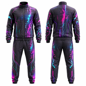 Conjunto Deportivo para Hombre, Negro, con Estampado Cibernético Neón, Chaqueta con Cierre Completo, Pantalones de Chándal de Secado Rápido, Poliéster, para Otoño, con Bolsillos Laterales, Estilo Urbano - Product Image 1