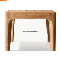 Table à manger d'extérieur géométrique carrée avec des bords arrondis, construction en teck massif, design moderne, imperméable et résistant aux UV