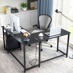 Tiger Black L-Shaped Desktop Computer Desk with Power Outlets and Shelf - Product Image 1