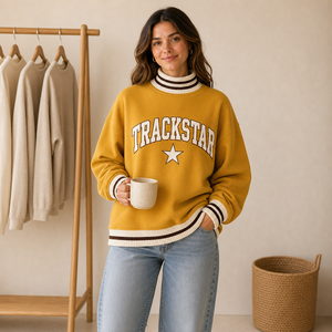 Mustard Brown Stripe Trackstar Women's Mock Neck Sweatshirt Ivory Letter <b>Star</b> Custom Logo Private Label Wholesale Pullover - Product Image 1