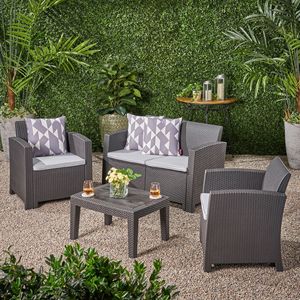 Set di Chat da esterno in finto vimini in Rattan in 4 pezzi con cuscini resistenti all'acqua disponibili in carbone/grigio chiaro - Product Image 3