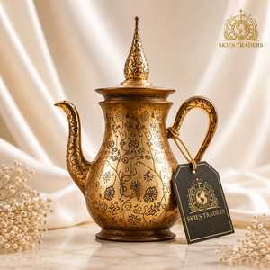 Jarra de café árabe Dallah de latón de doble tono Skies Traders, jarra de té de metal tallado vintage, jarra de bebidas de lujo de Oriente Medio - Product Image 3