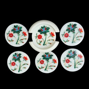 Posavasos de Mármol con Incrustaciones Florales Hechos a Mano, Arte de Agra, Decoración Elegante para Mesa, Juego de Regalo - Product Image 5