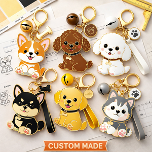 Llavero de perro de aleación de zinc chapado en oro con esmalte, dije de cachorro de dibujos animados personalizado para raza específica, con correa de muñeca, campana, hueso y pata - Product Image 1