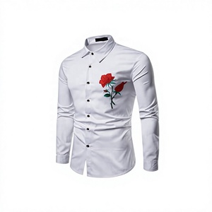 Chemise habillée brodée motif rose pour homme, manches longues, style décontracté chic, blanc, marine, noir, motif floral frontal, en popeline, col rabattu - Product Image 2