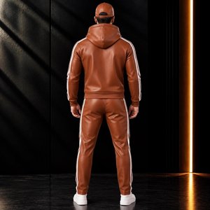 Ensemble de survêtement pour homme en cuir PU marron coupe-vent à capuche avec fermeture éclair, style sportif rayé, 2 pièces (veste et pantalon) - Product Image 2