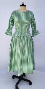 Vestido Midi de Algodón con Rayas Verdes y Blancas para Mujer, Cintura Fruncida, Cuello Redondo, Manga Campana, Estilo Boutique Casual - Product Image 1