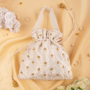Pochette Potli ronde en soie brodée or blanc faite à la main avec motif floral et perles pour décoration de mariage - Product Image 2